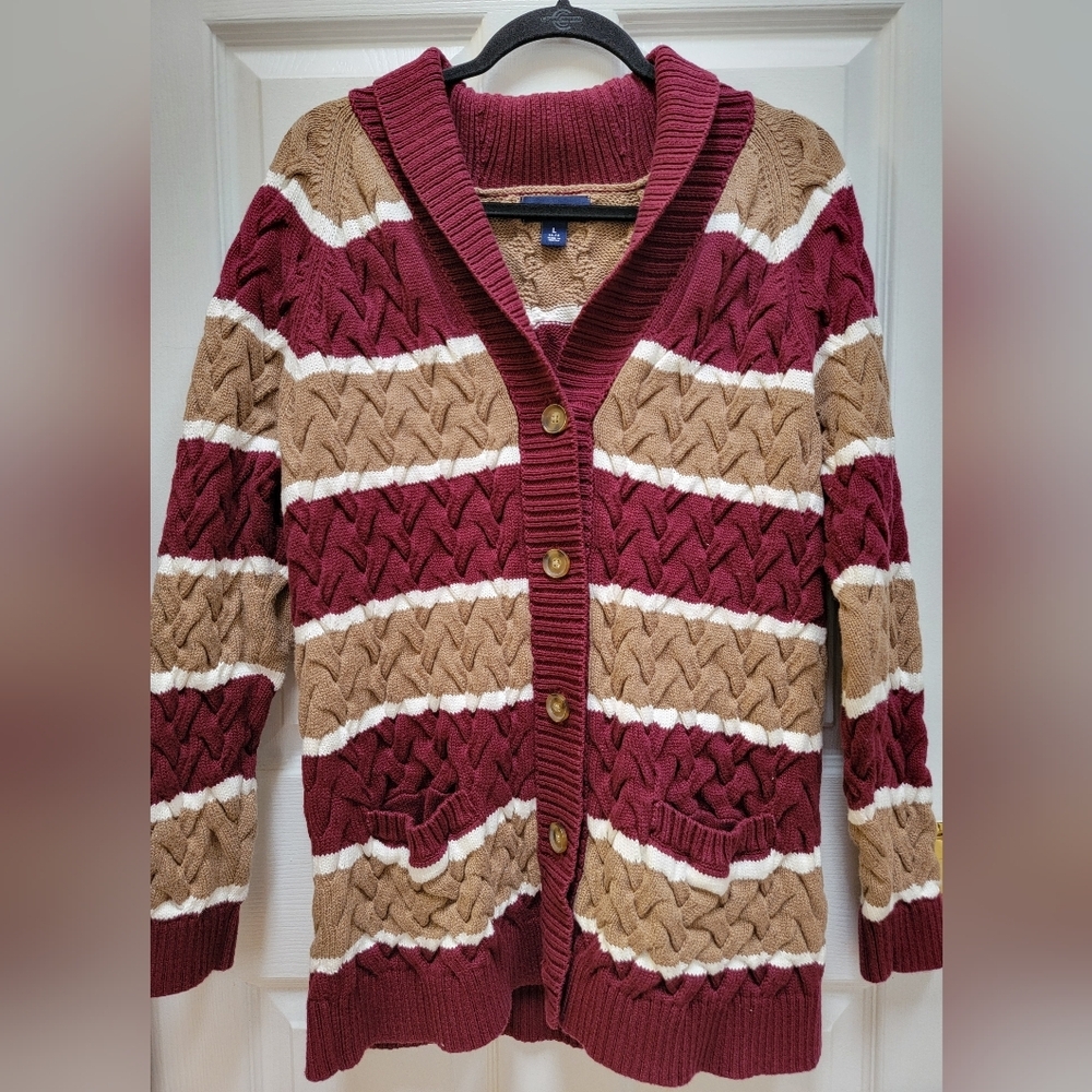 Lands' End Drifter Cable Knit Striped Cardigan Button Down Sweater Size Large
